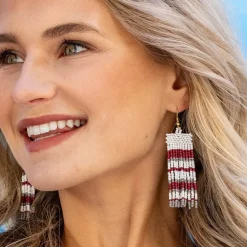 INK + ALLOY Adaline Game Day Horizontal Stripes Beaded Fringe Earrings Dark Red and Gray