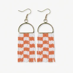 INK + ALLOY Allison Game Day Checkered Beaded Fringe Earrings Orange + White