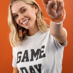 INK + ALLOY Allison Game Day Checkered Beaded Fringe Earrings Orange + White