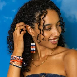 INK + ALLOY Allison Game Day Horizontal Stripe Beaded Fringe Earrings Navy + Orange