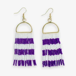 INK + ALLOY Allison Game Day Horizontal Stripes Beaded Fringe Earrings Purple and White
