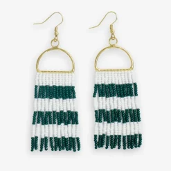 INK + ALLOY Allison Game Day Horizontal Stripes Beaded Fringe Earrings Dark Green and White