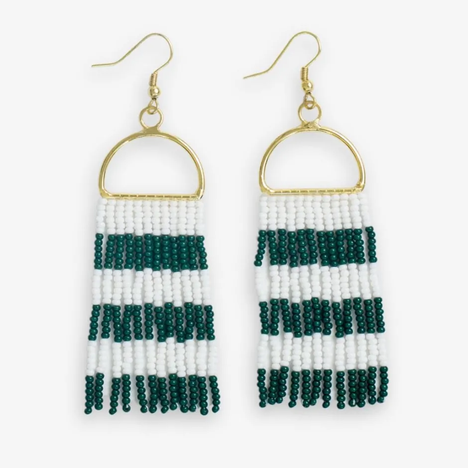 INK + ALLOY Allison Game Day Horizontal Stripes Beaded Fringe Earrings Dark Green and White