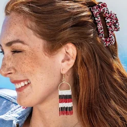 INK + ALLOY Allison Game Day Horizontal Stripe Beaded Fringe Earrings Red + Black