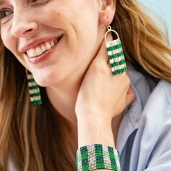 INK + ALLOY Allison Gingham Beaded Fringe Earrings Green