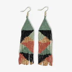 INK + ALLOY Brittany Mixed Triangles Beaded Fringe Earrings Greens + Rust