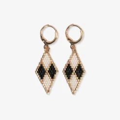 INK + ALLOY Carmen Mini Gold Hoop Diamond Pattern Beaded Drop Earrings Black/White