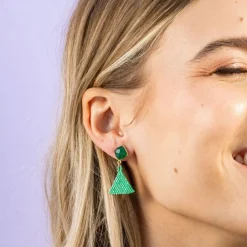 INK + ALLOY Celia Small Triangle Drop With Semi-Precious Stone Post Earrings Kelly Green