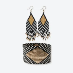 INK + ALLOY Dottie + Brooklyn diamond and angles beaded earrings and bracelet set Black/White