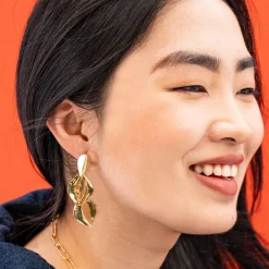 INK + ALLOY Flora Botanical Triple Leaf Dangle Earrings Brass