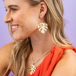 INK + ALLOY Flora Monstera Leaf Dangle Earrings Brass