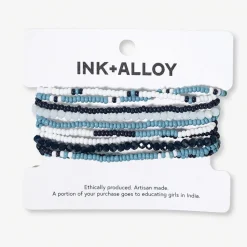 INK + ALLOY Game Day Color Block Beaded 10 Strand Stretch Bracelets Navy + Light Blue