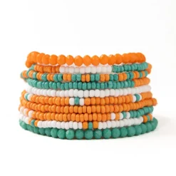 INK + ALLOY Game Day Color Block Beaded 10 Strand Stretch Bracelet Set Aqua and Orange