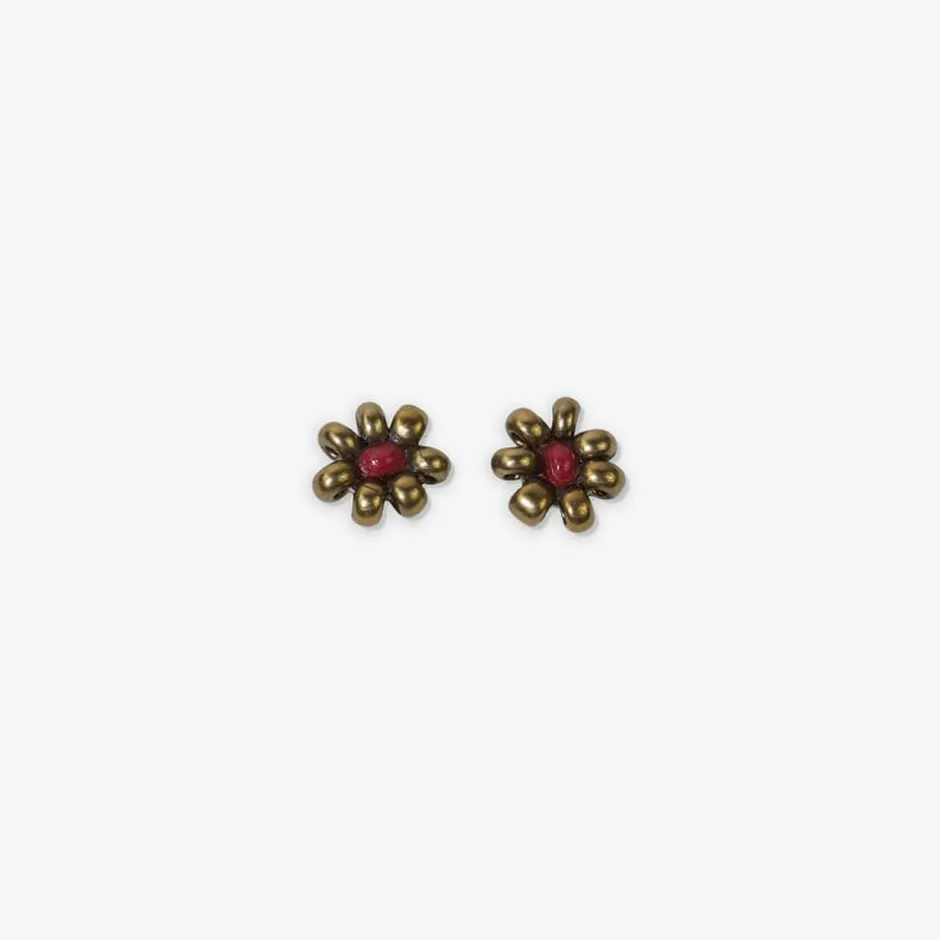 INK + ALLOY Game Day Flower Two Color Beaded Post Earrings Gold + Dark Red