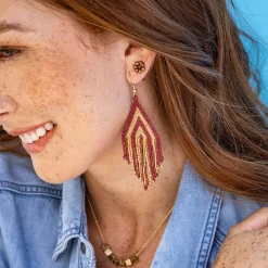 INK + ALLOY Game Day Flower Two Color Beaded Post Earrings Gold + Dark Red