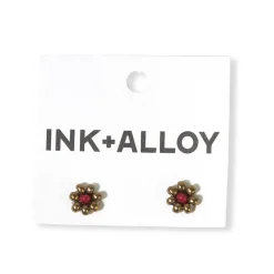 INK + ALLOY Game Day Flower Two Color Beaded Post Earrings Gold + Dark Red
