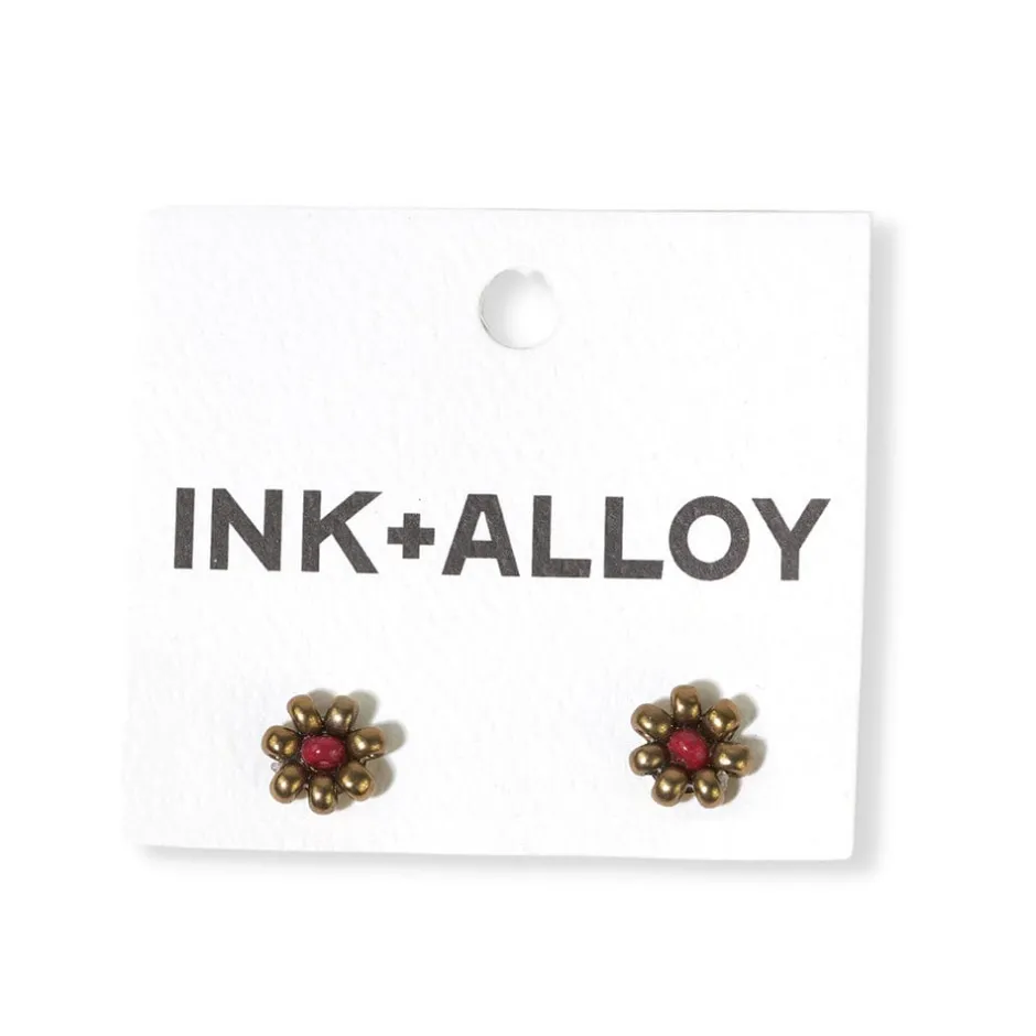 INK + ALLOY Game Day Flower Two Color Beaded Post Earrings Gold + Dark Red