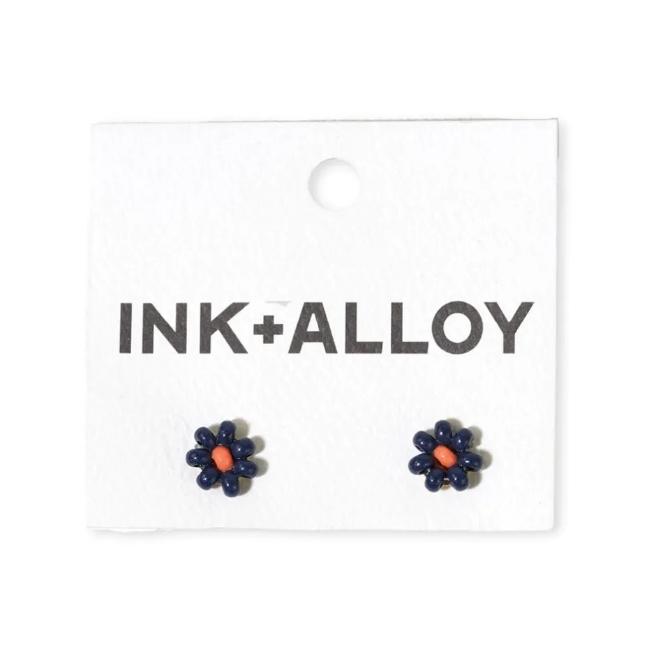 INK + ALLOY Game Day Flower Two Color Beaded Post Earrings Navy + Orange