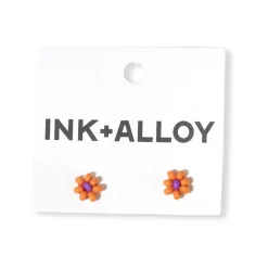 INK + ALLOY Game Day Flower Two Color Beaded Post Earrings Orange + Purple