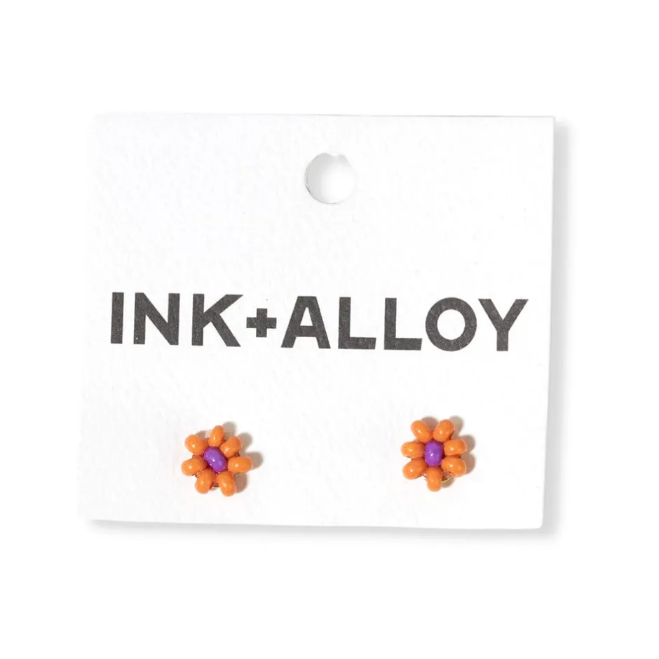INK + ALLOY Game Day Flower Two Color Beaded Post Earrings Orange + Purple