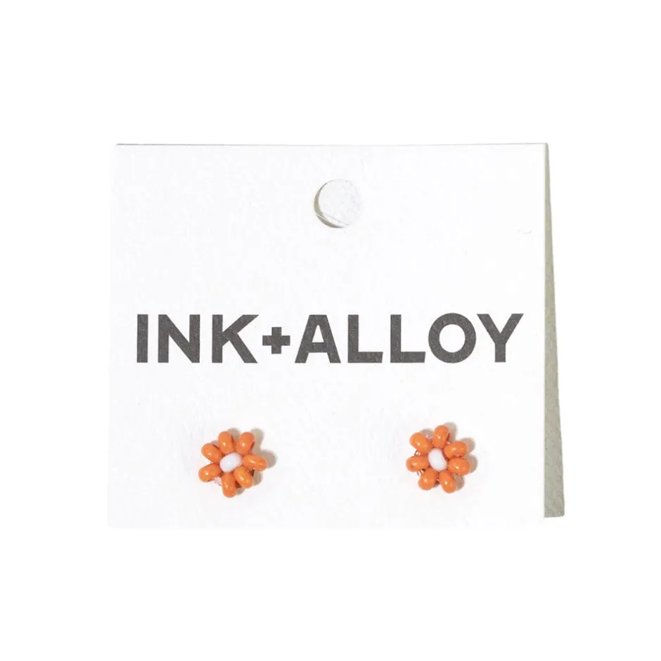 INK + ALLOY Game Day Flower Two Color Beaded Post Earrings Orange + White