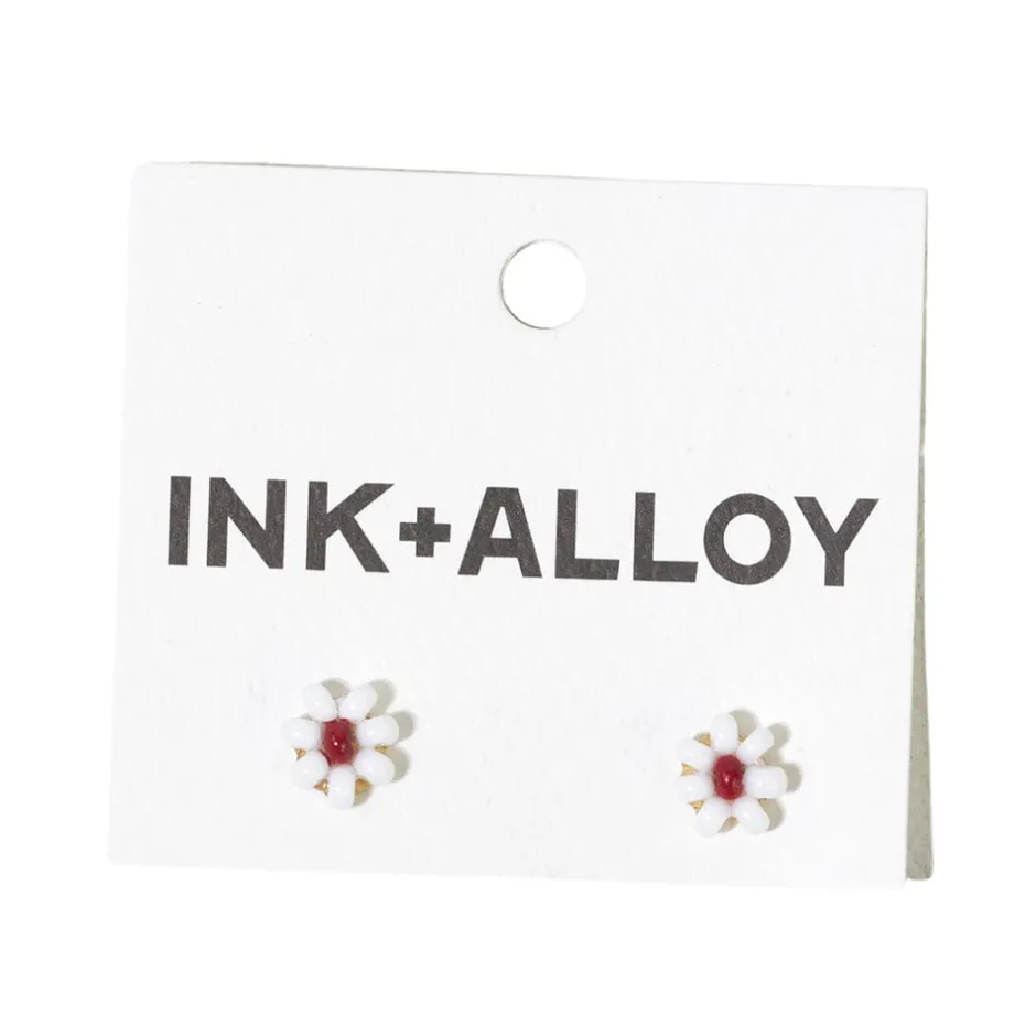 INK + ALLOY Game Day Flower Two Color Beaded Post Earrings White + Dark Red