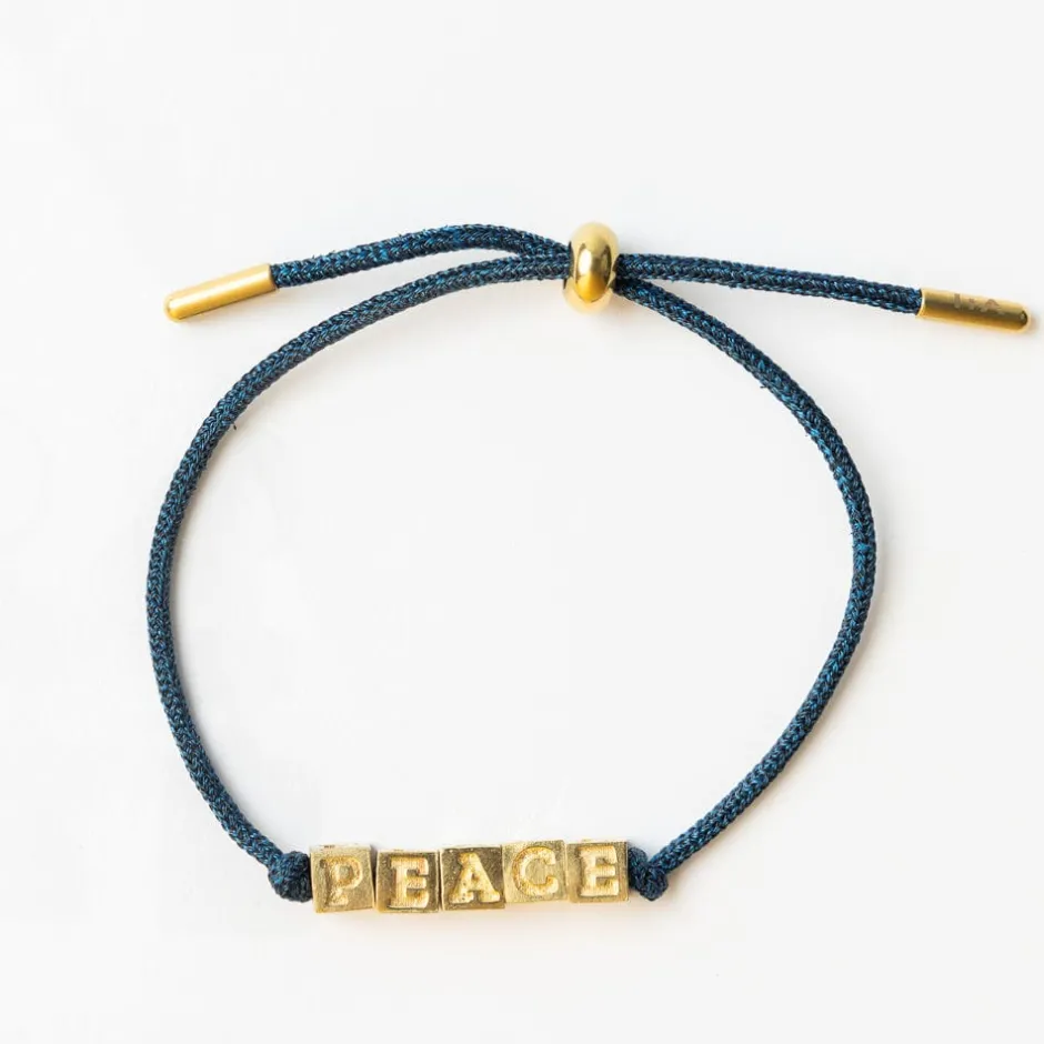 INK + ALLOY Goldie Navy Lurex Cord With Brass Letters Adjustable Peace