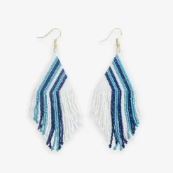 INK + ALLOY Haley Game Day Falling Lines Beaded Fringe Earrings Light Blue and Navy