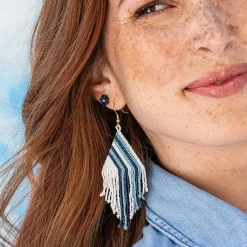 INK + ALLOY Haley Game Day Falling Lines Beaded Fringe Earrings Light Blue and Navy