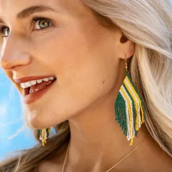 INK + ALLOY Haley Game Day Falling Lines Beaded Fringe Earrings Green and Yellow
