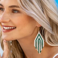 INK + ALLOY Haley Game Day Stacked Triangle Beaded Fringe Earrings Dark Green and White
