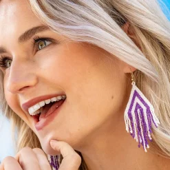 INK + ALLOY Haley Game Day Stacked Triangle Beaded Fringe Earrings Purple and White