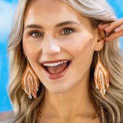 INK + ALLOY Haley Game Day Stacked Triangle Beaded Fringe Earrings Orange and White