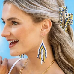 INK + ALLOY Haley Game Day Stacked Triangle Beaded Fringe Earrings Navy and Yellow