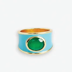 INK + ALLOY Hazel Oval Stone With Enamel Band Ring Light Blue/Green- Size 7