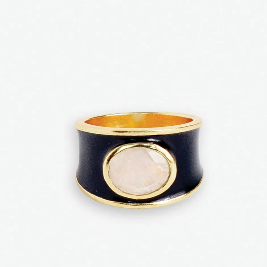 INK + ALLOY Hazel Oval Stone With Enamel Band Ring Black/Clear- Size 7