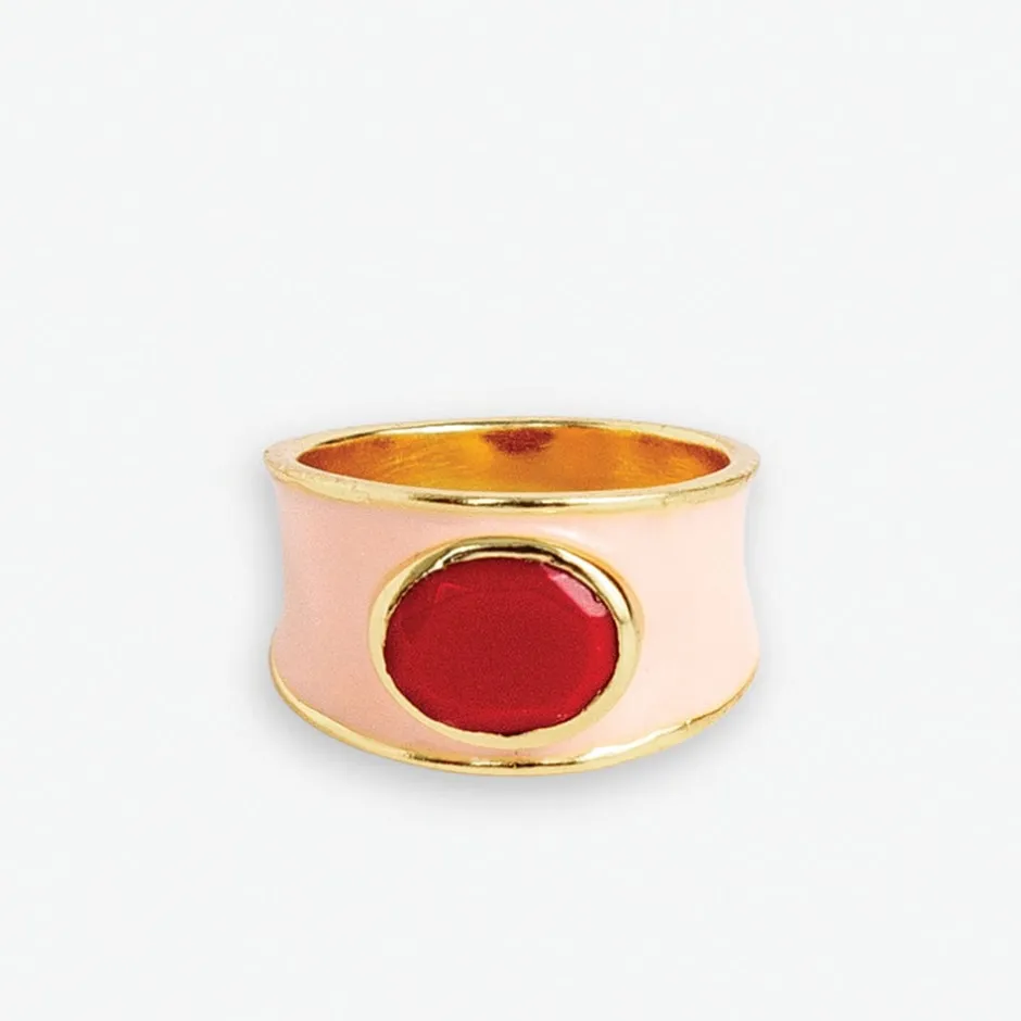 INK + ALLOY Hazel Oval Stone With Enamel Band Ring Blush/Red- Size 7