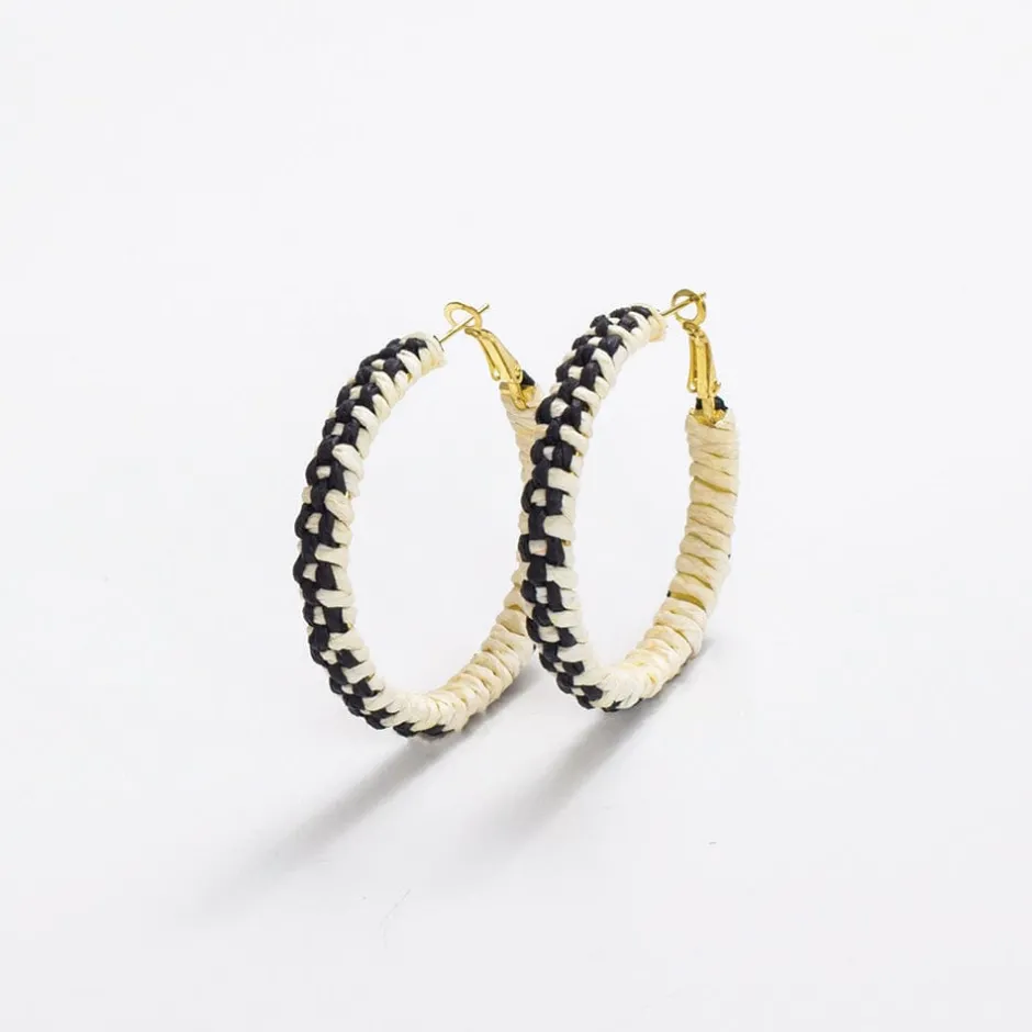 INK + ALLOY Holly Two-Color Woven Raffia Hoops Ivory/Black