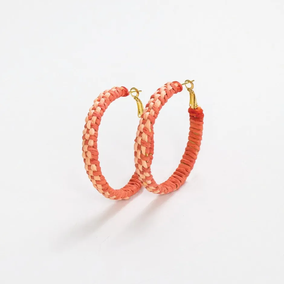 INK + ALLOY Holly Two-Color Woven Raffia Hoops Coral/Peach