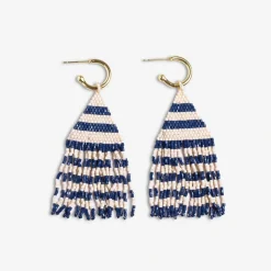 INK + ALLOY James Mini Gold Hoop Two Tone Stripes Beaded Fringe Earrings Navy
