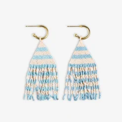 INK + ALLOY James Mini Gold Hoop Two Tone Stripes Beaded Fringe Earrings Light Blue