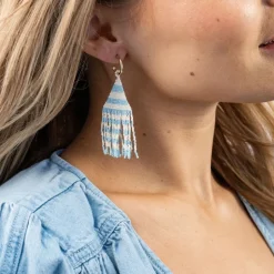 INK + ALLOY James Mini Gold Hoop Two Tone Stripes Beaded Fringe Earrings Light Blue