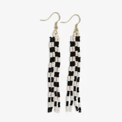 INK + ALLOY June Mini Checked Pattern Petite Beaded Fringe Earrings Black/White