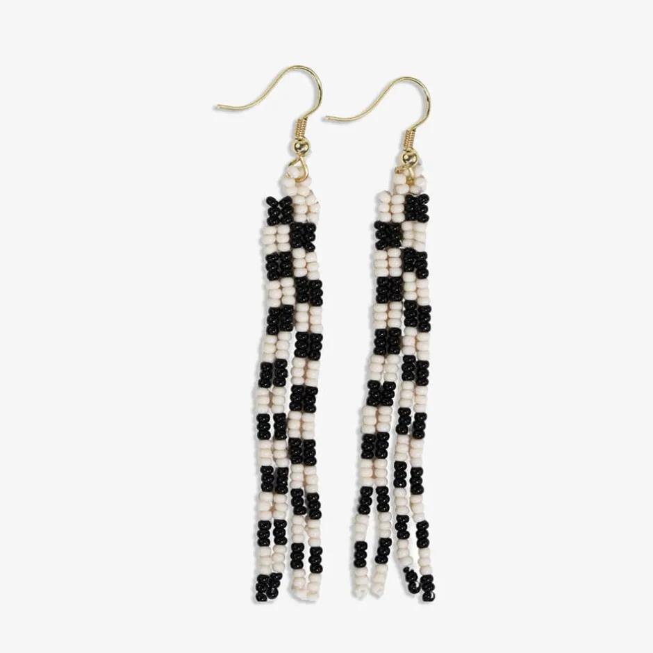 INK + ALLOY June Mini Checked Pattern Petite Beaded Fringe Earrings Black/White