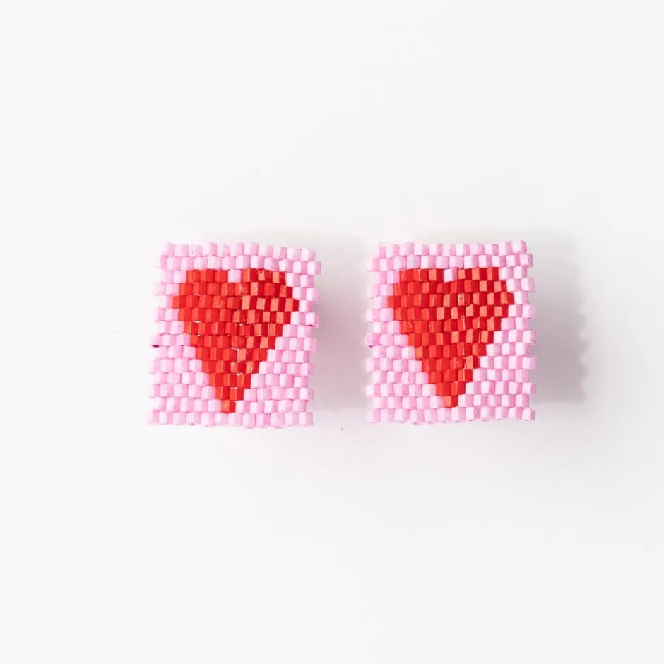INK + ALLOY Kallie Heart Rectangle Post Beaded Earrings Pink Red