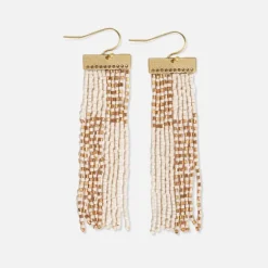 INK + ALLOY Lana Rectangle Hanger Colorblocks With Stripes Beaded Fringe Earrings Ivory/Gold