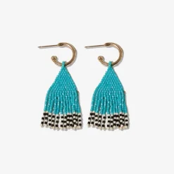 INK + ALLOY Leta Mini Gold Hoop Solid With Black/White Bottom Beaded Fringe Earrings Turquoise