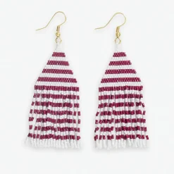 INK + ALLOY Lexie Game Day Horizontal Stripes Beaded Fringe Earrings Dark Red and White