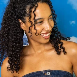 INK + ALLOY Lexie Game Day Horizontal Stripes Beaded Fringe Earrings Blue and White
