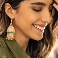 INK + ALLOY Lexie Horizontal Gold Stripes Beaded Fringe Earrings Desert